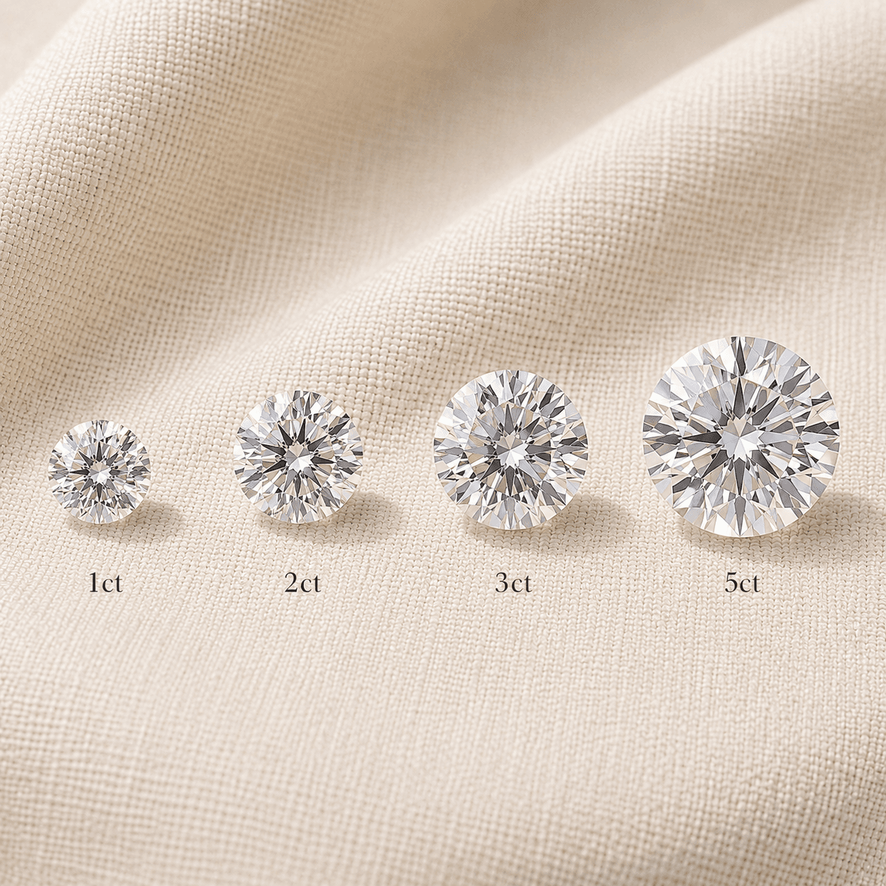 Lab grown diamonds at 1, 2, 3, 4 carat sizes shown side-by-side at ATL Luxury Jewelers Atlanta