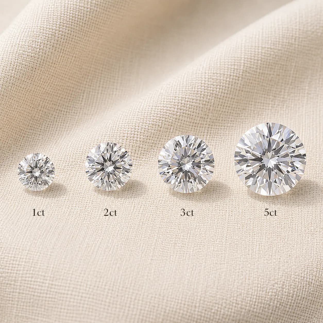 Lab grown diamonds at 1, 2, 3, 4 carat sizes shown side-by-side at ATL Luxury Jewelers Atlanta