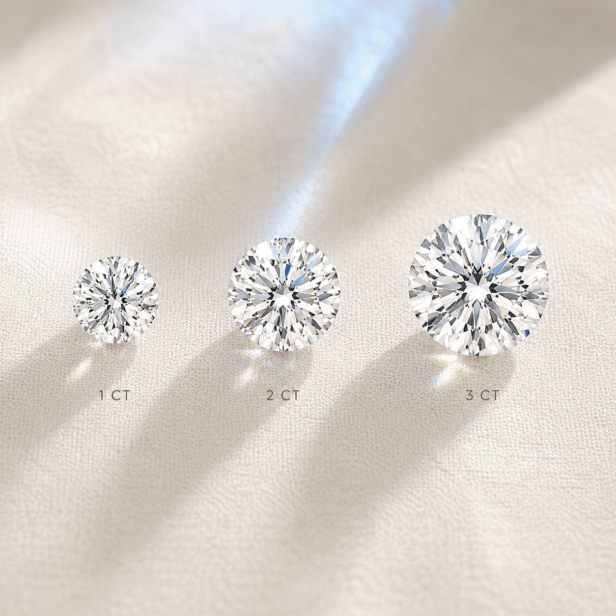 Lab-Grown loose diamonds at 1, 2, 3 carat sizes side-by-side at ATL Luxury Jewelers Atlanta