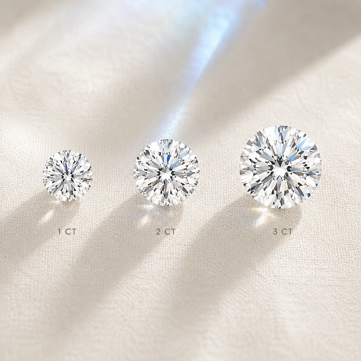 Lab-Grown loose diamonds at 1, 2, 3 carat sizes side-by-side at ATL Luxury Jewelry Atlanta