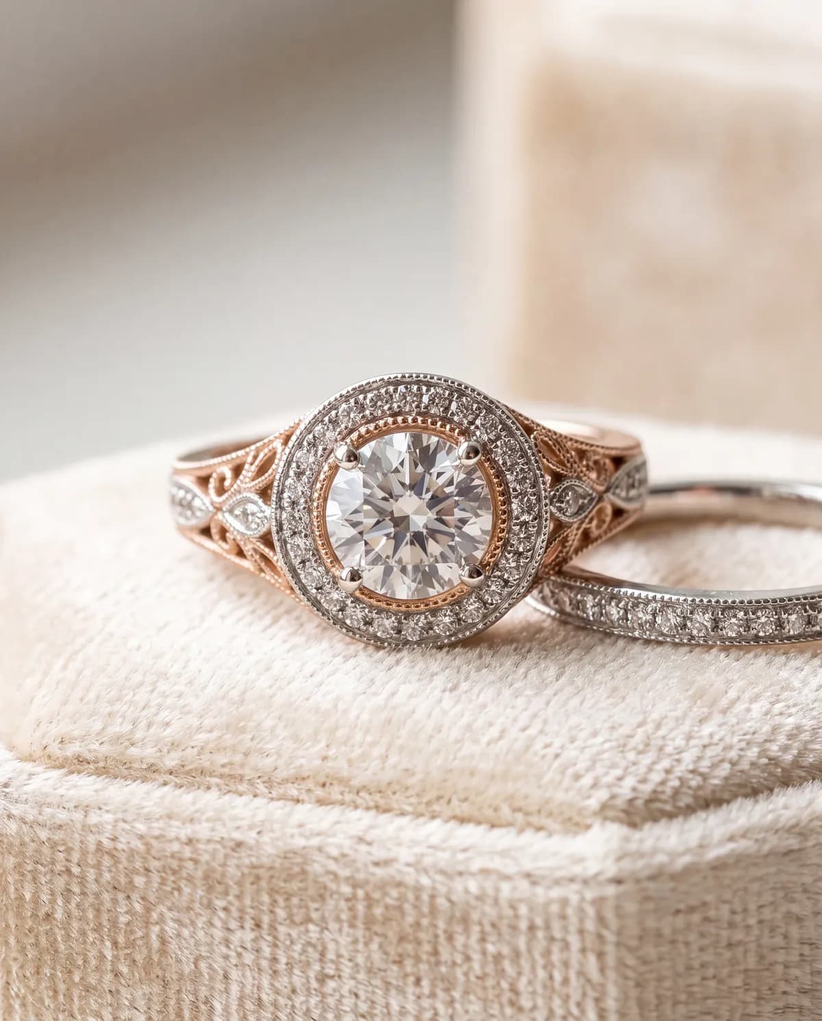 A round-diamond halo engagement ring beside a matching diamond eternity band, displayed on a cream velvet ring box