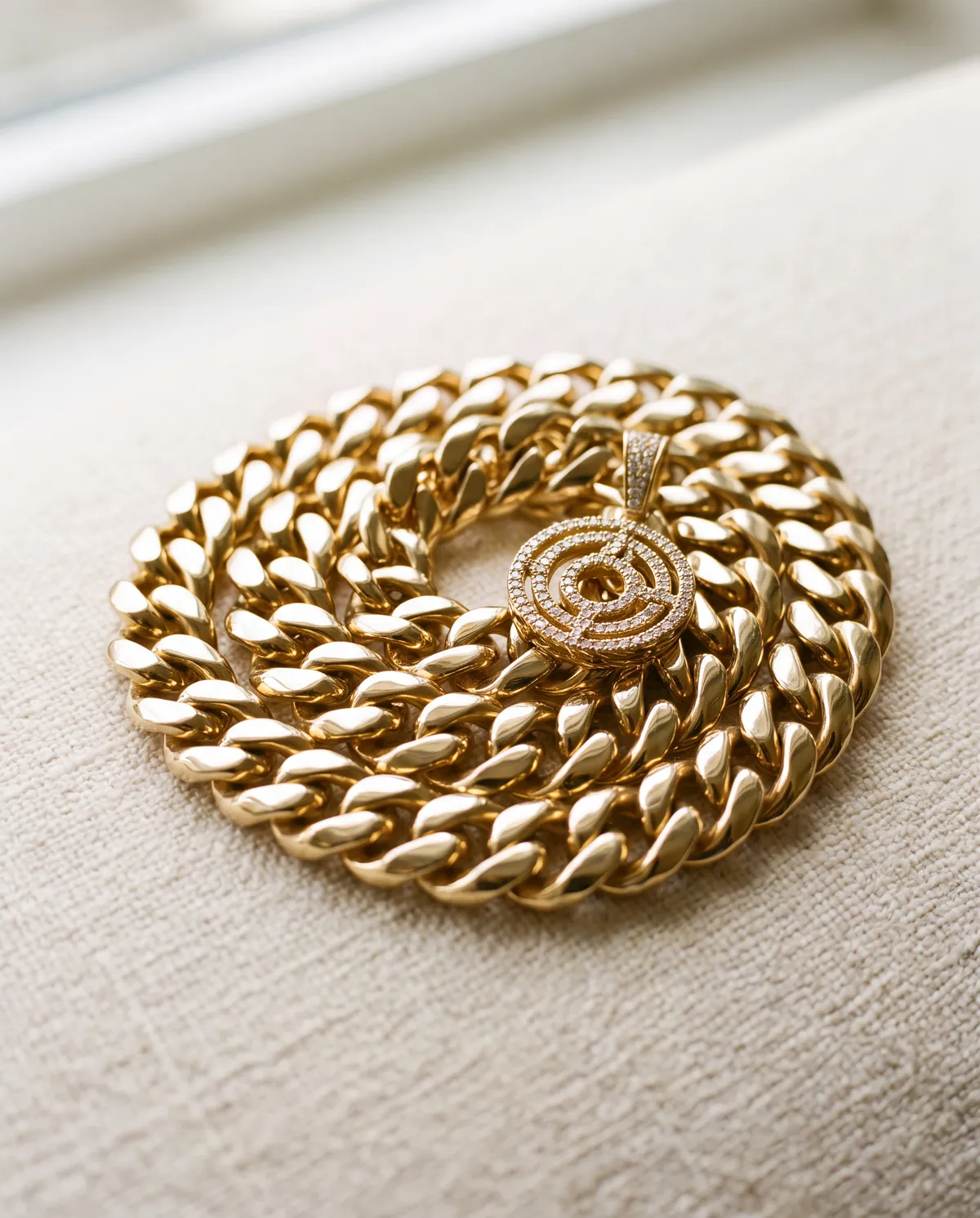 A coiled 14K yellow gold Cuban link chain with a round pavé diamond pendant, on a cream fabric surface