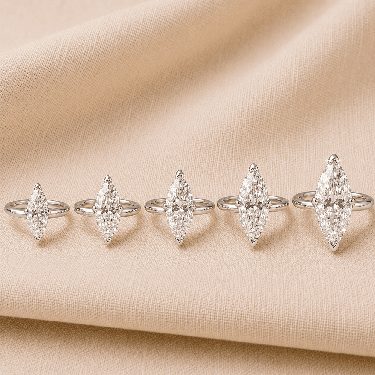 Marquise diamond engagement rings in 1, 2, 3, 4, and 5 carat sizes shown side-by-side at ATL Luxury Jewelers Atlanta