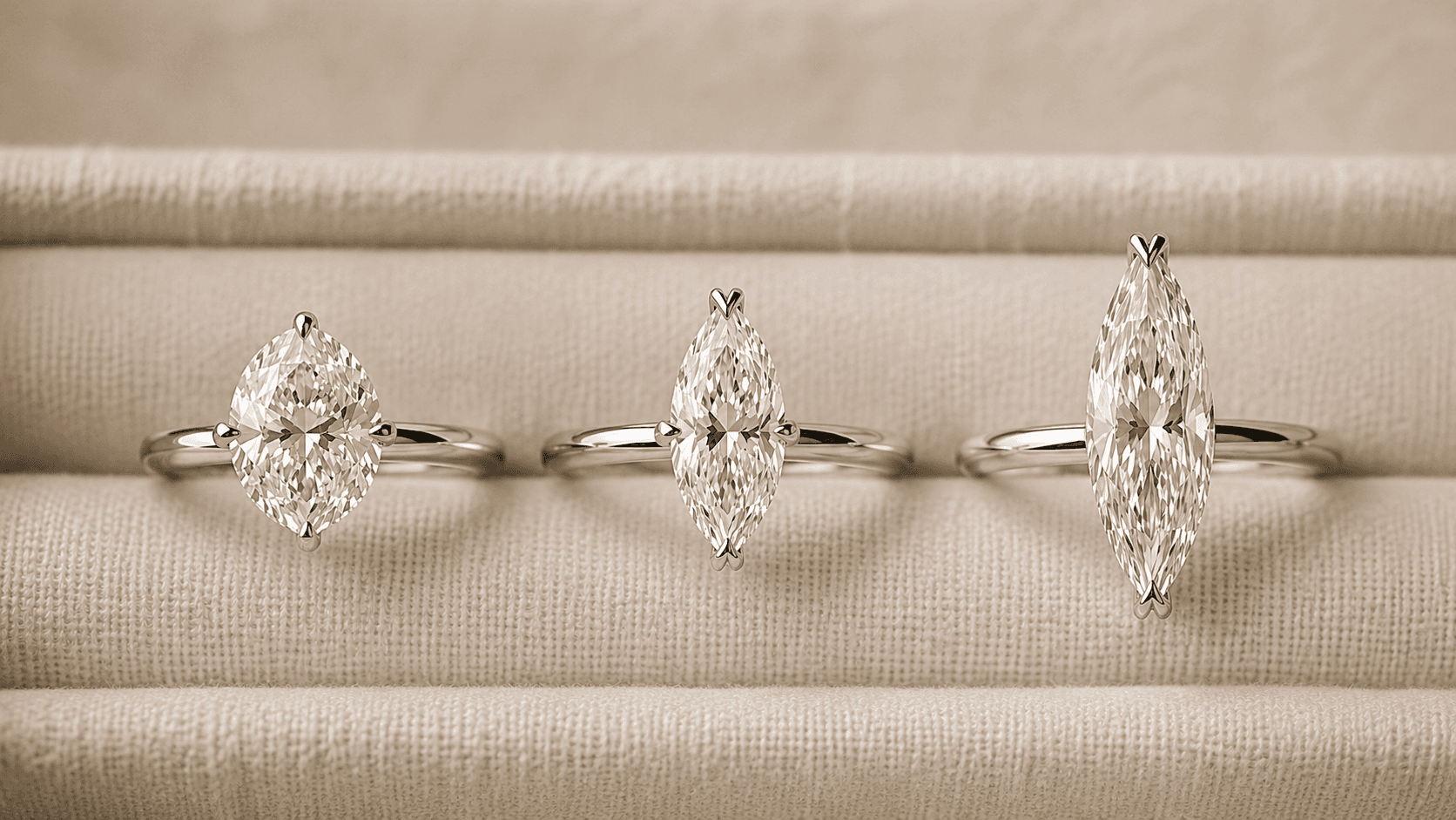 Three marquise cut diamond rings shown side-by-side with varying length-to-width ratios — short and wide, ideal proportion, and long and slim