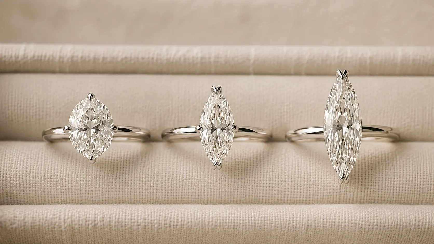 Three marquise cut diamond rings shown side-by-side with varying length-to-width ratios — short and wide, ideal proportion, and long and slim