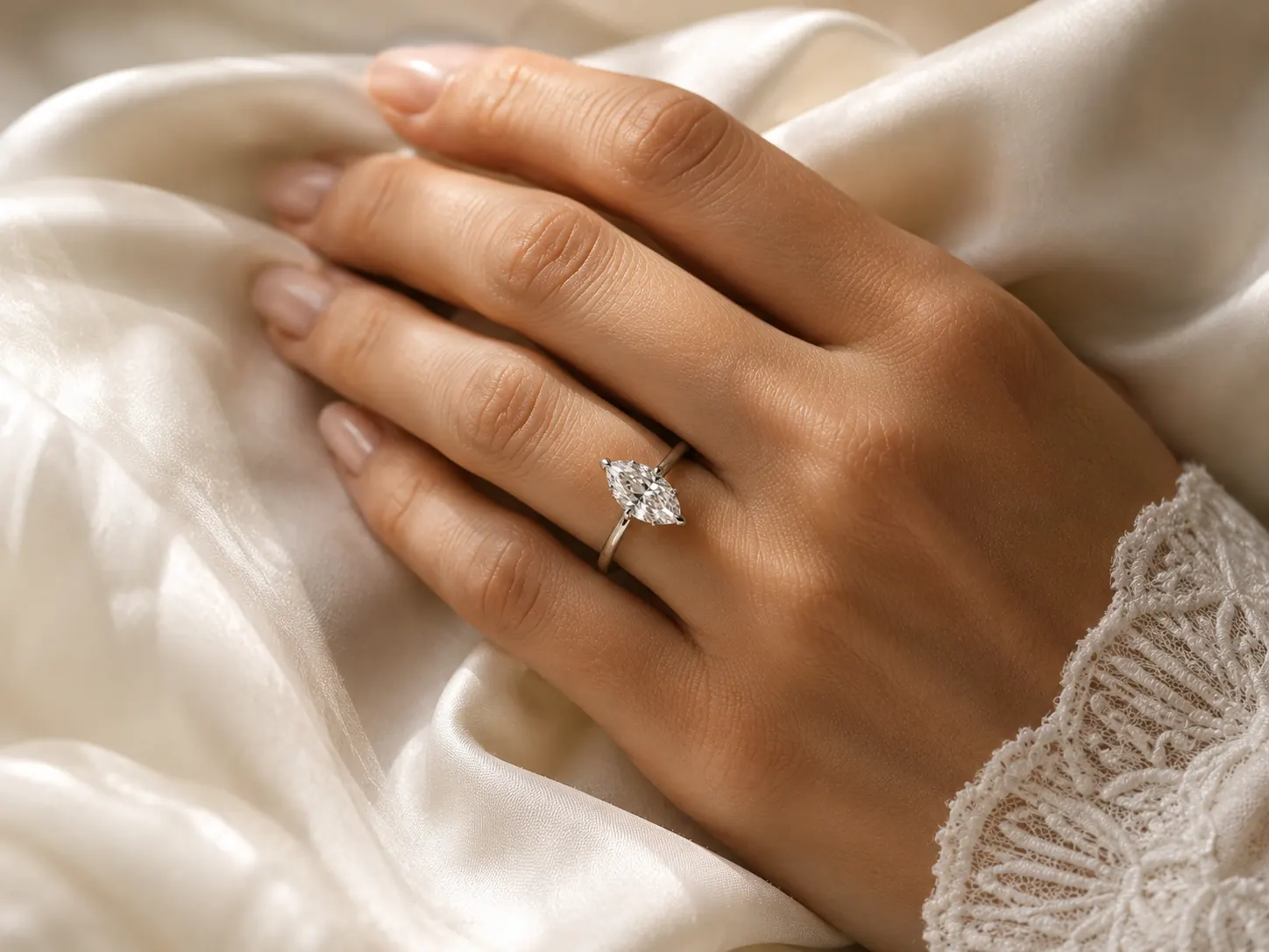 Marquise cut diamond engagement ring on a woman's hand resting on cream silk