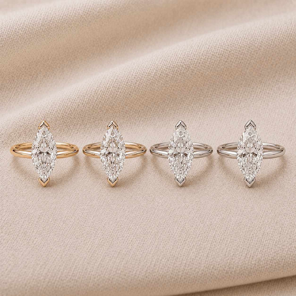 Marquise engagement rings shown in white gold, yellow gold, rose gold, and platinum at ATL Luxury Jewelers Atlanta