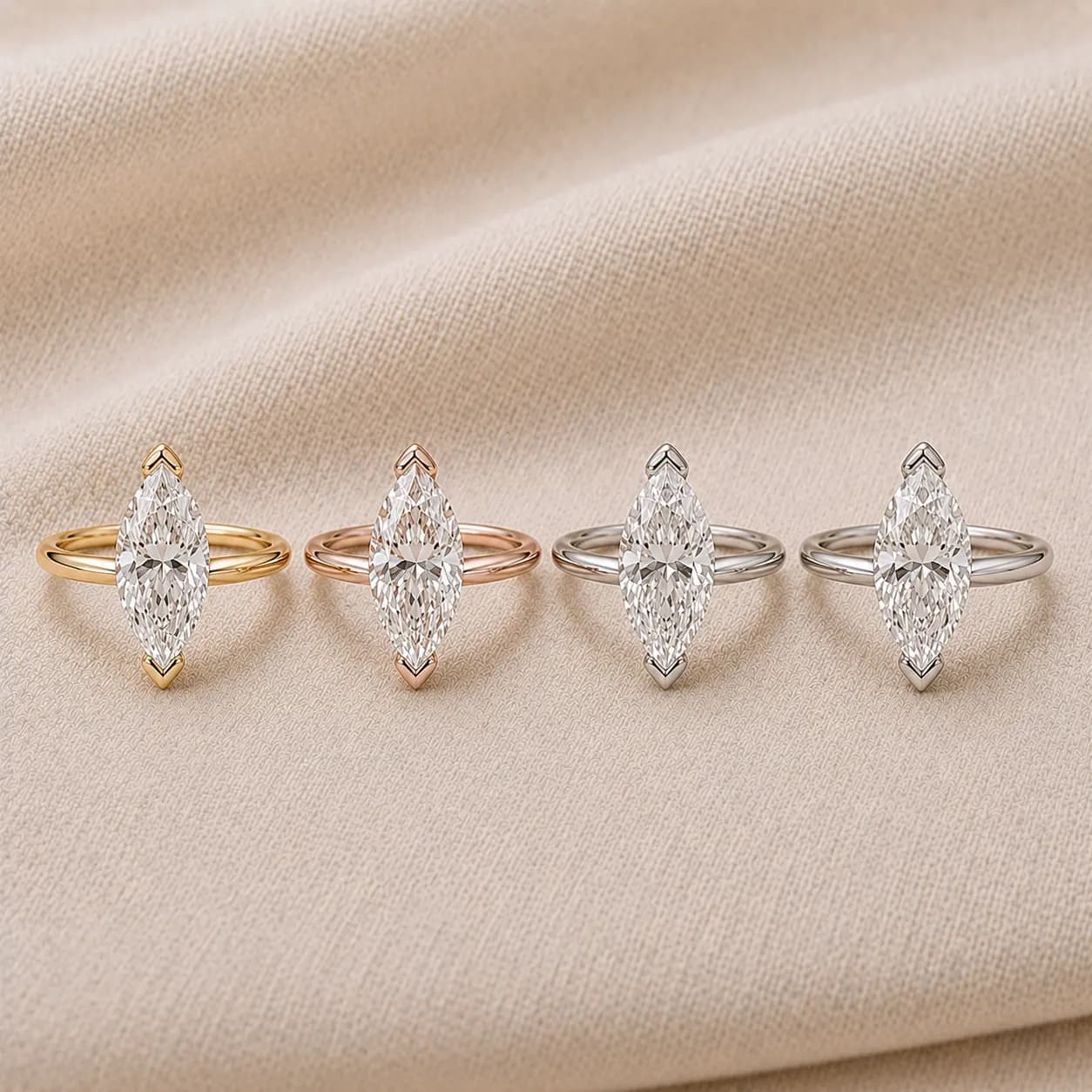Marquise engagement rings shown in white gold, yellow gold, rose gold, and platinum at ATL Luxury Jewelry Atlanta