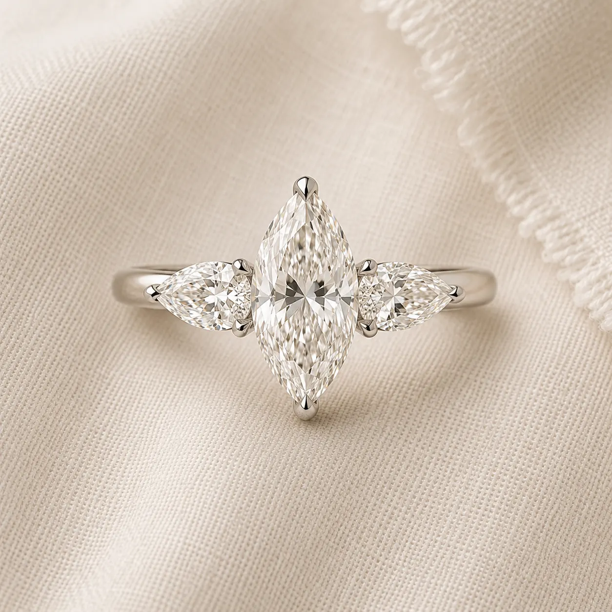 Marquise cut three stone engagement ring