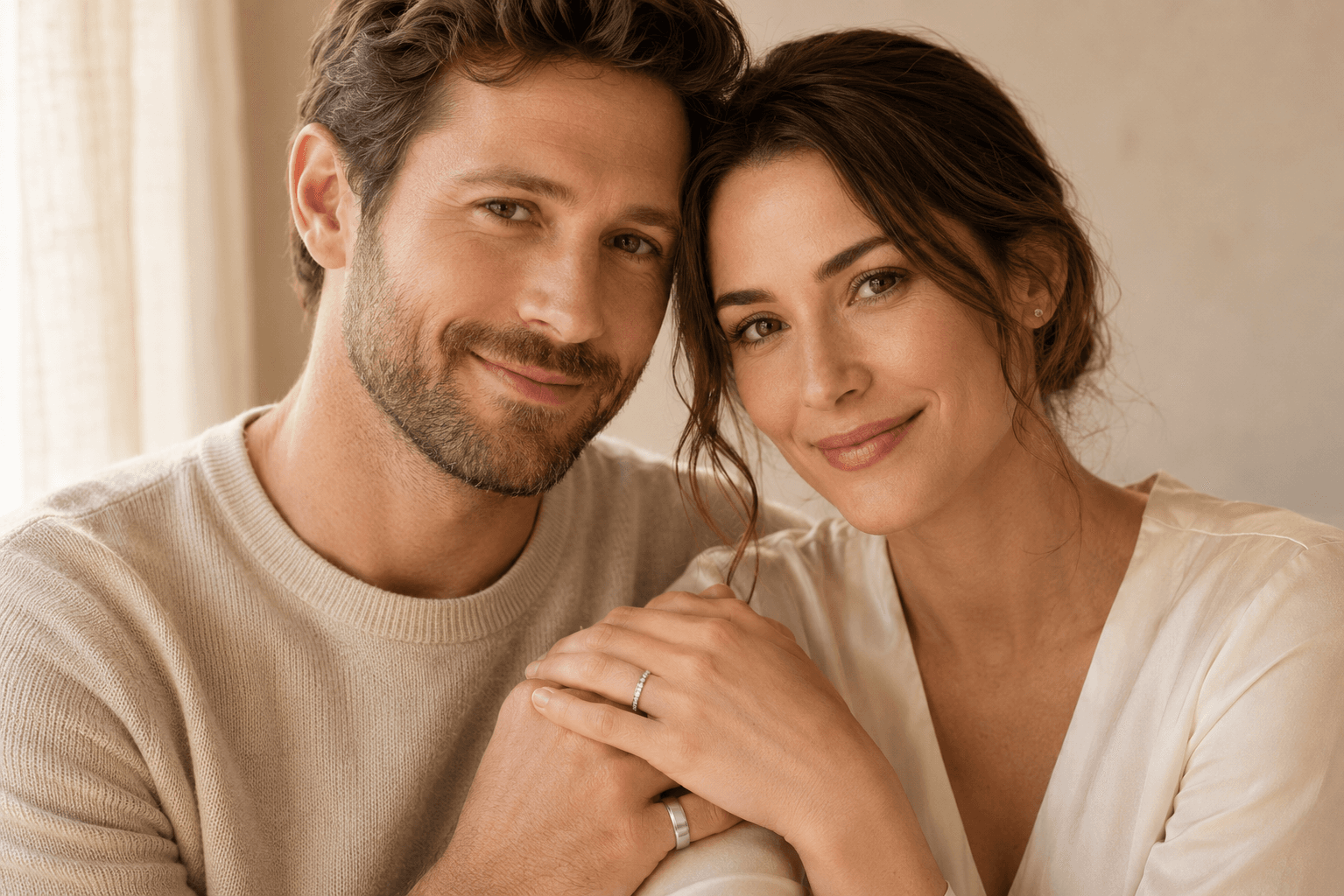 Couple's hands wearing matching platinum wedding bands, resting together on cream silk