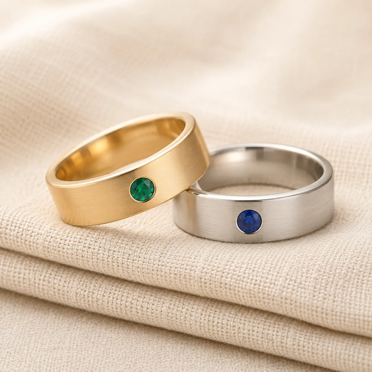 Men’semerald and sapphire wedding bands in gold on cream linen at ATL Luxury Jewelry Atlanta