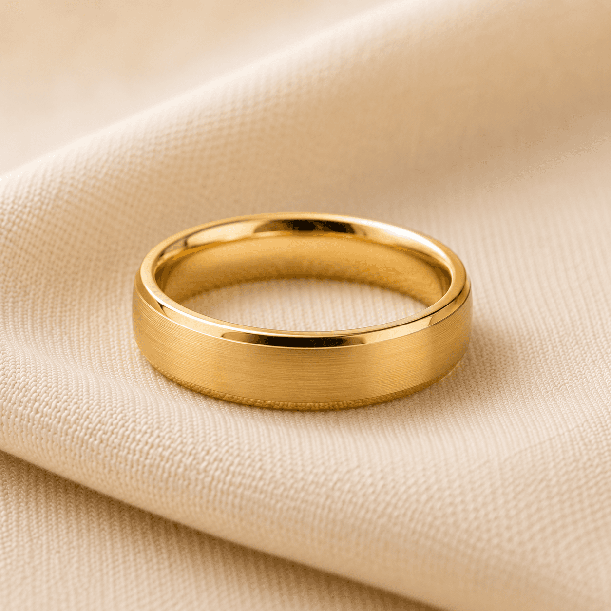 Men’s14K yellow gold wedding band on cream linen at ATL Luxury Jewelers Atlanta