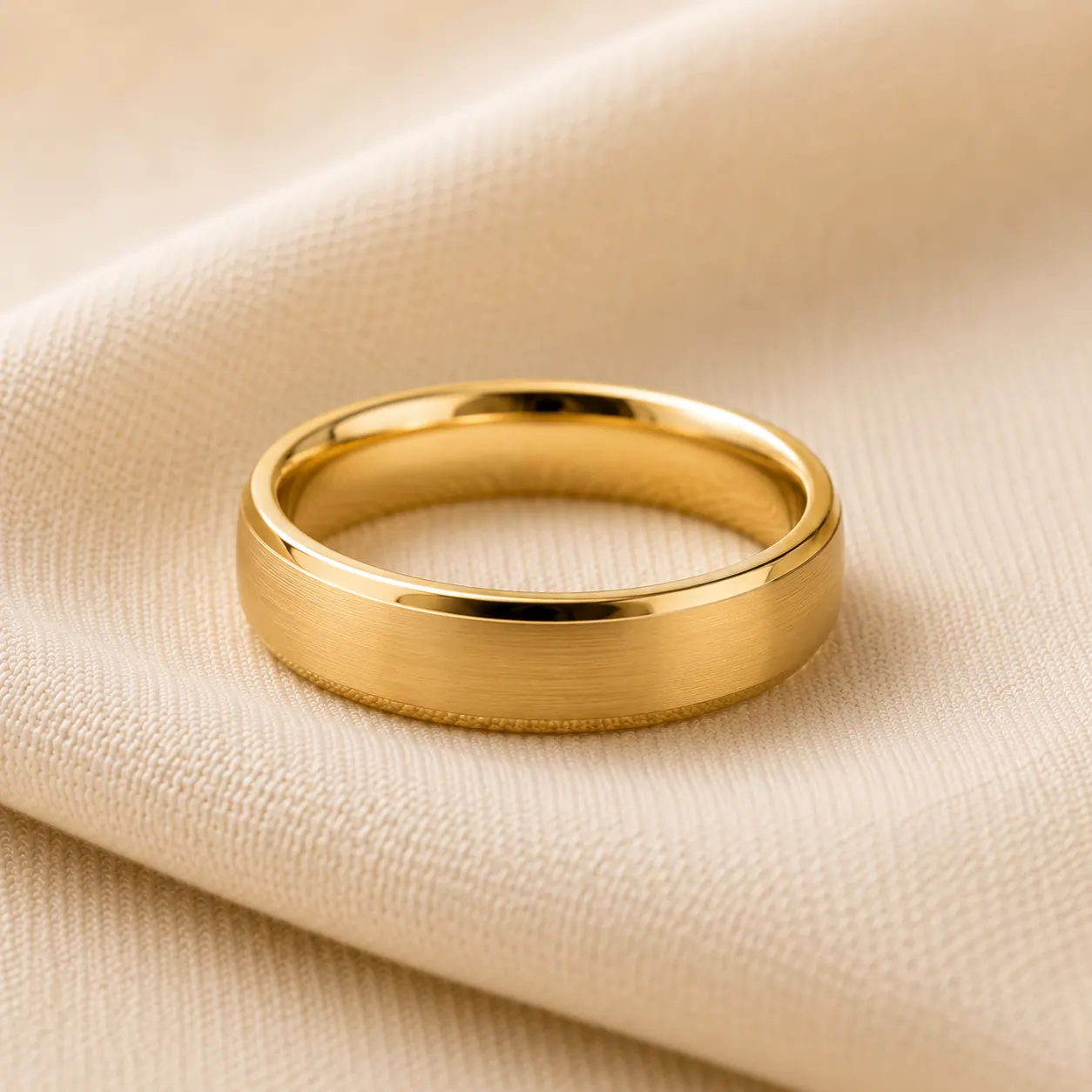 Men’s14K yellow gold wedding band on cream linen at ATL Luxury Jewelry Atlanta