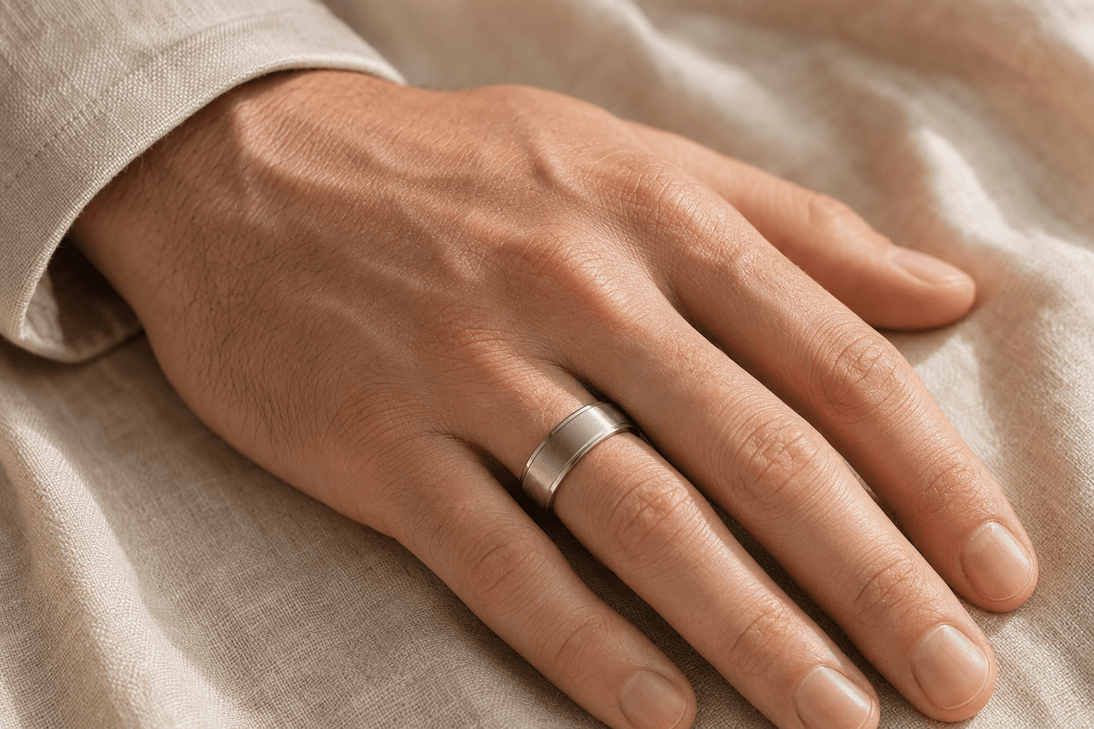 Men’sbrushed-platinum wedding band on a man's hand resting on cream linen