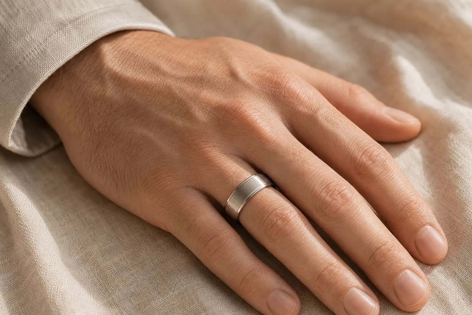 Men’sbrushed-platinum wedding band on a man's hand resting on cream linen