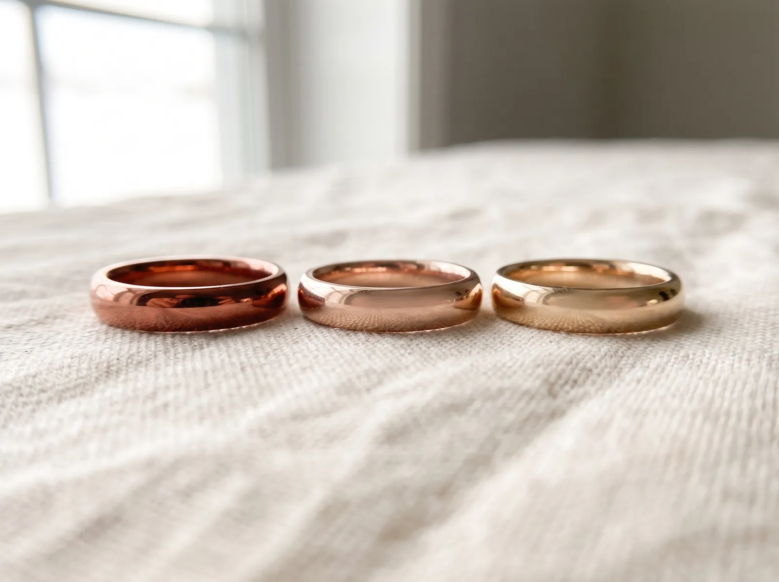 Three rose gold bands in a row, the pink softening as the karat rises