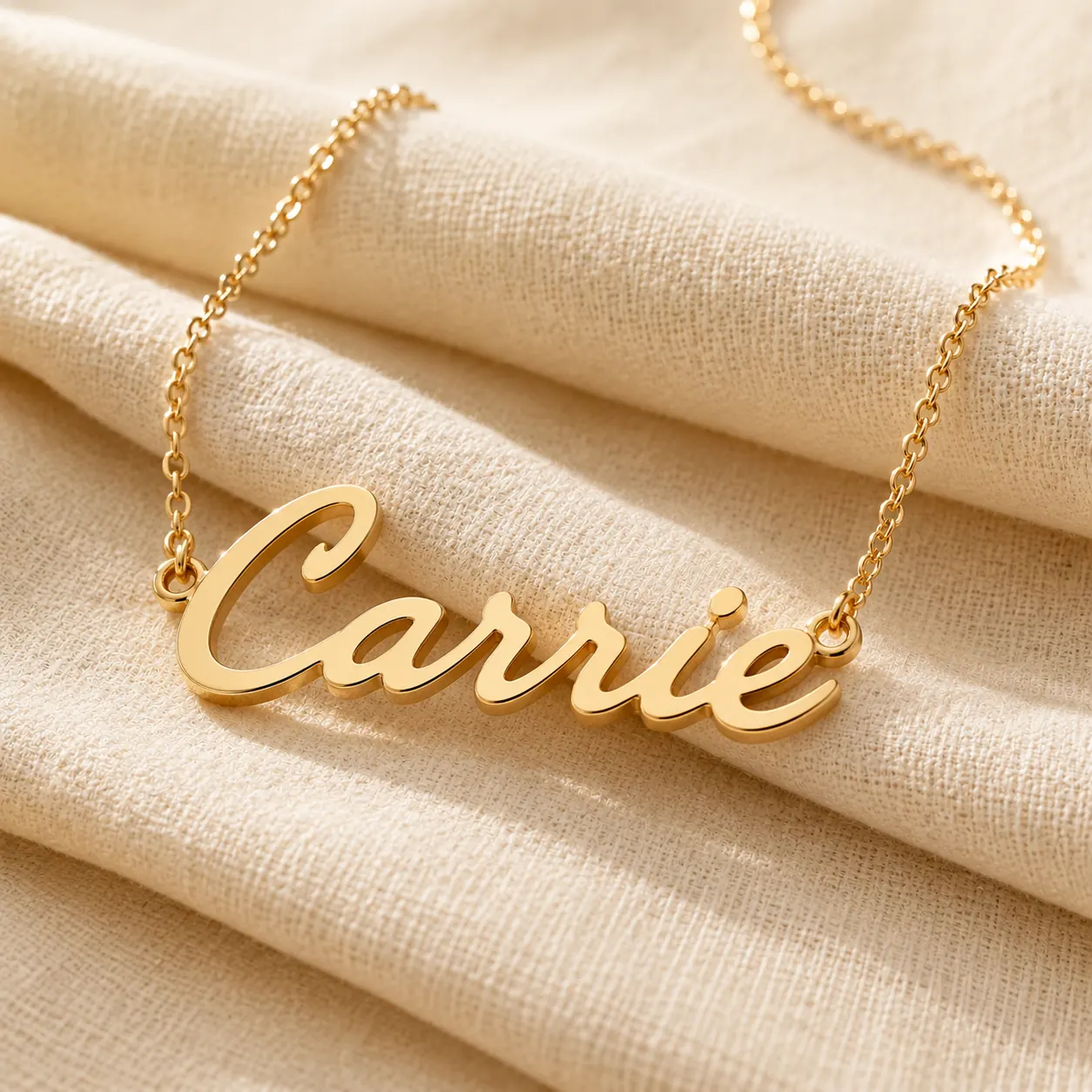 Carrie Bradshaw style script gold nameplate necklace at ATL Luxury Jewelry Atlanta
