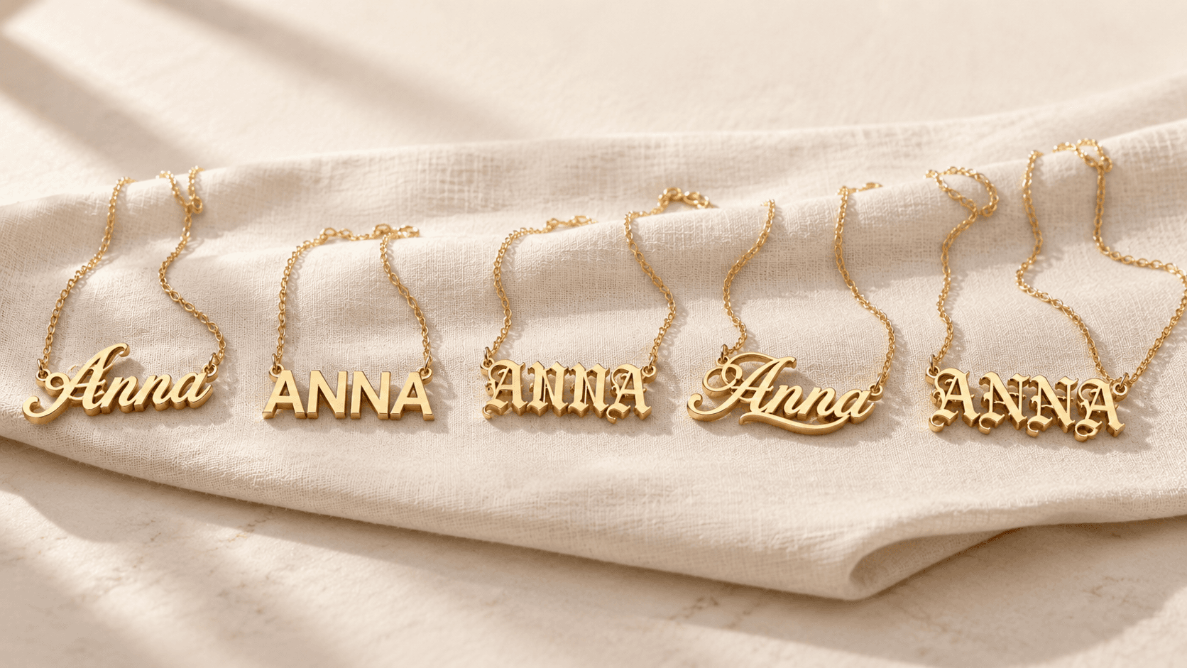 Name necklace font comparison — script, block, gothic, cursive, and old English nameplate necklaces at ATL Luxury Jewelers Atlanta
