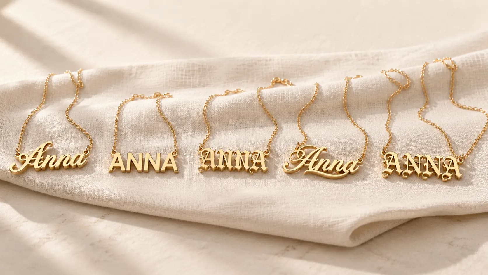 Name necklace font comparison — script, block, gothic, cursive, and old English nameplate necklaces at ATL Luxury Jewelry Atlanta