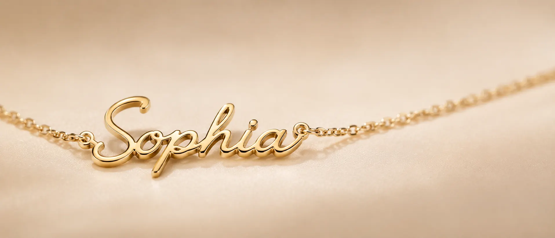 Gold script name pendant on cream silk at ATL Luxury Jewelry Atlanta