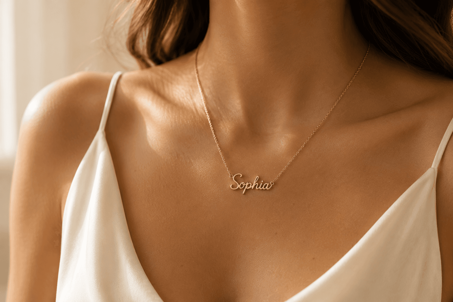 Gold script name pendant worn at ATL Luxury Jewelers showroom