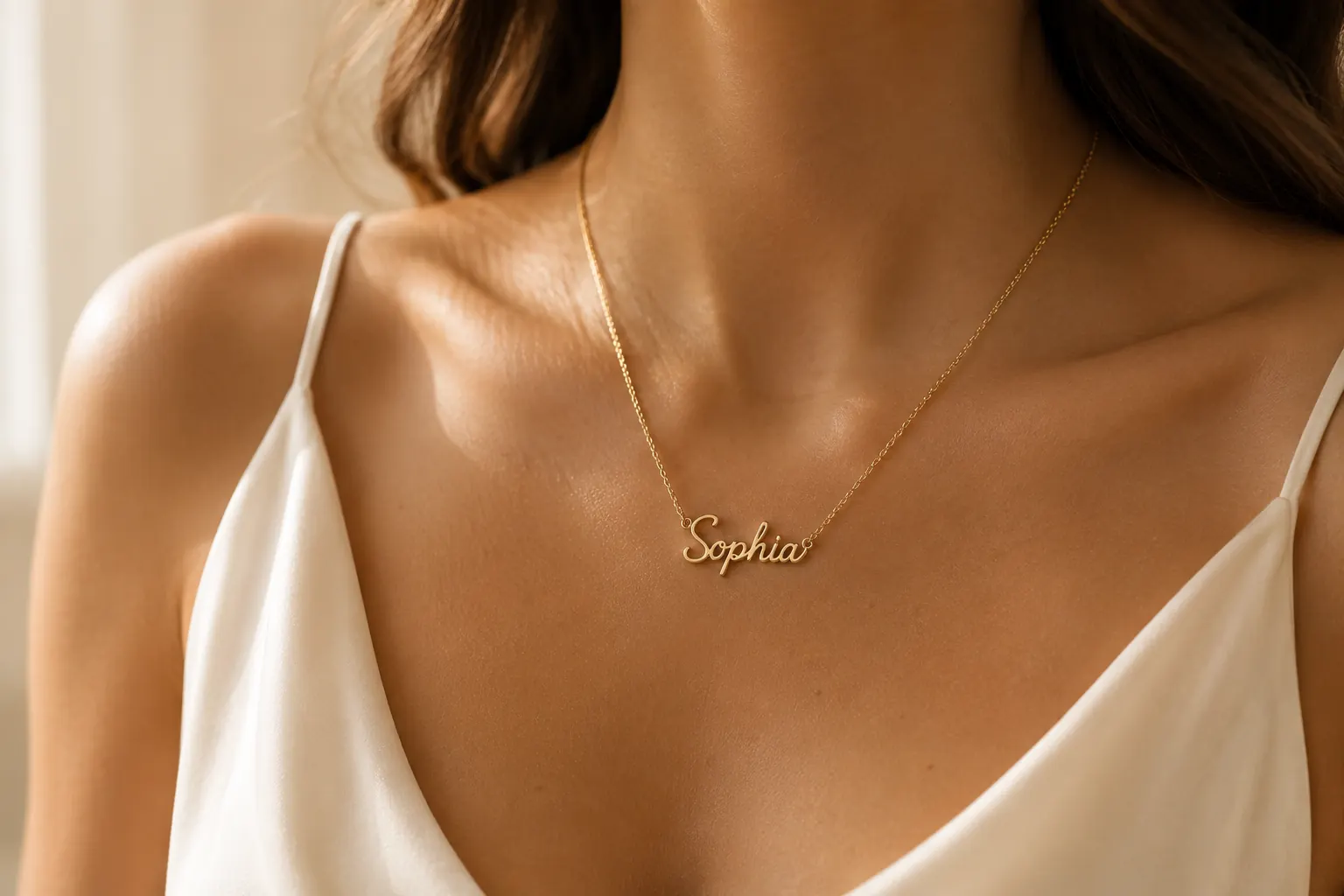 Gold script name pendant worn at ATL Luxury Jewelry showroom