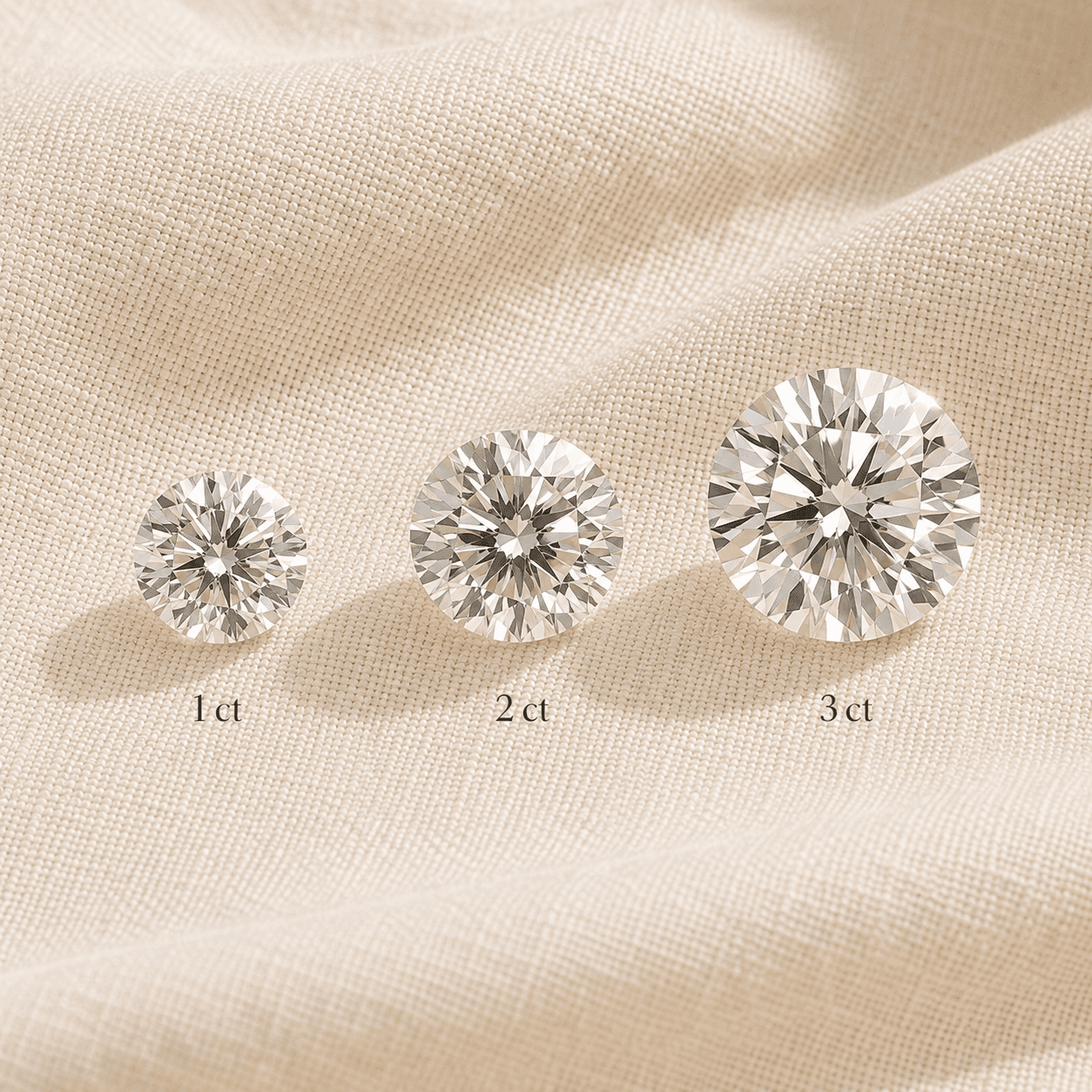 Natural diamonds in 1, 2, 3 carat sizes shown side-by-side at ATL Luxury Jewelers Atlanta