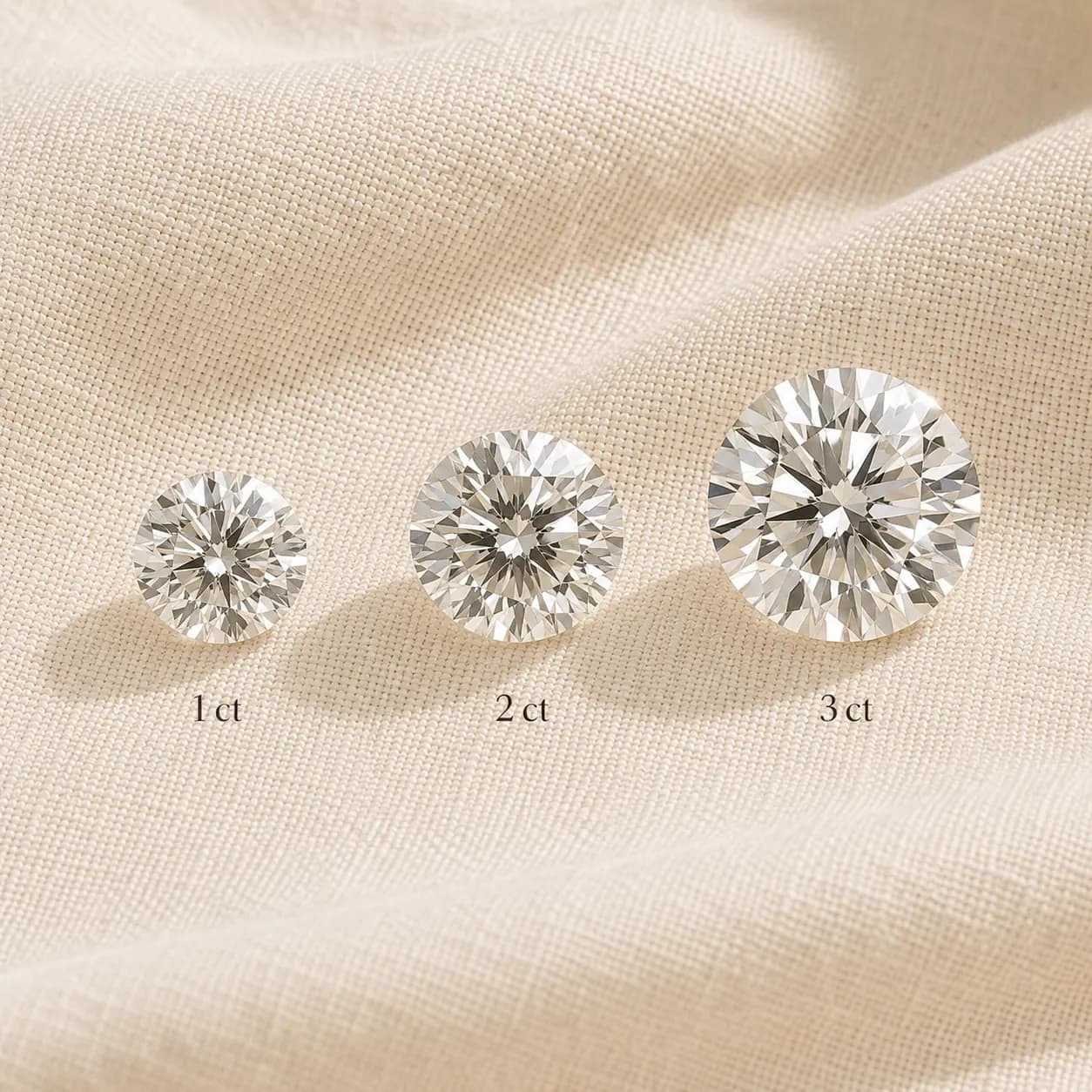 Natural diamonds in 1, 2, 3 carat sizes shown side-by-side at ATL Luxury Jewelry Atlanta