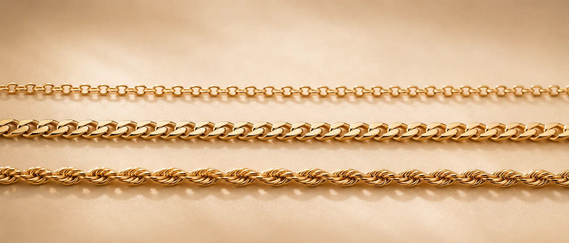 14K yellow gold Cuban link chain on cream linen at ATL Luxury Jewelry Atlanta