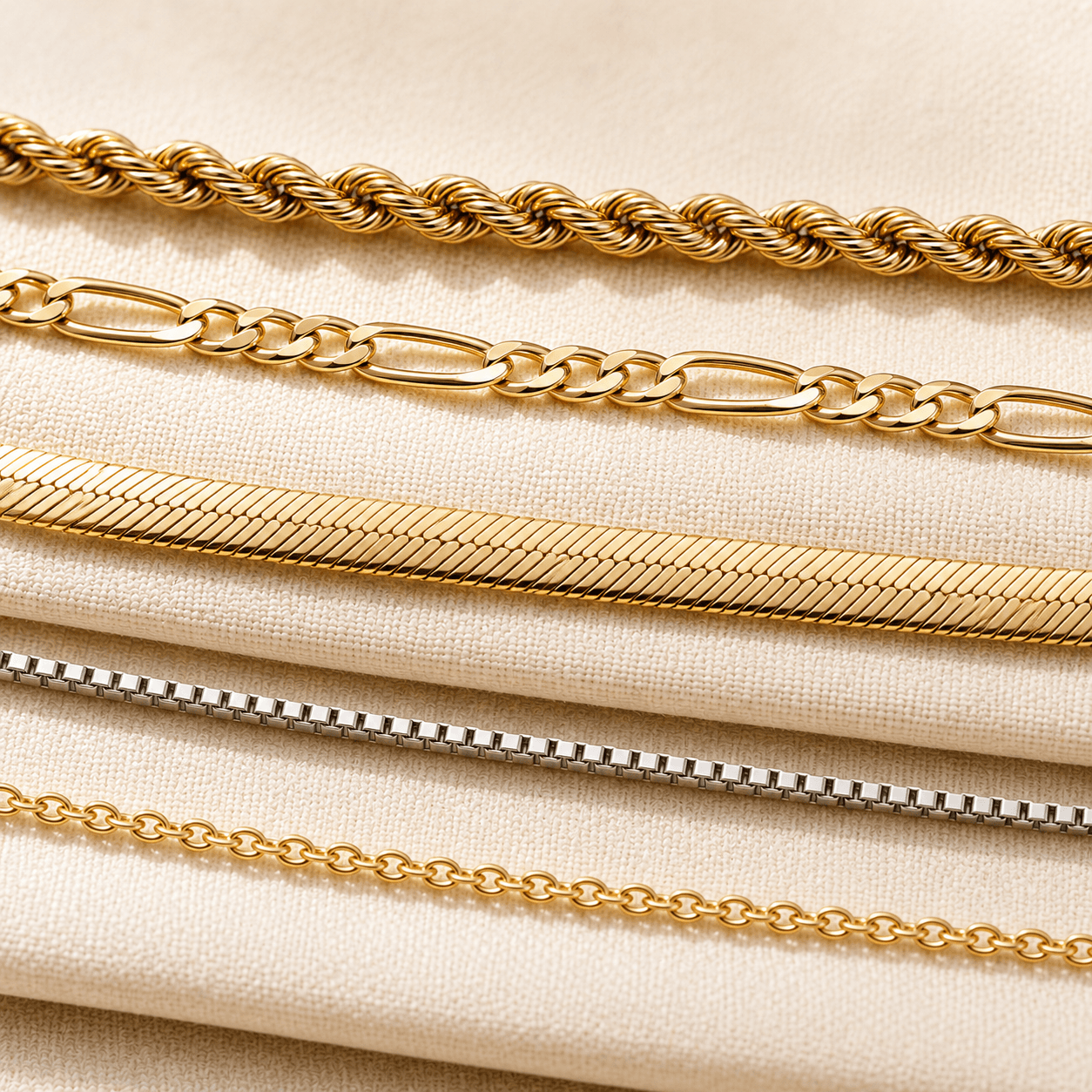 Gold rope chain, figaro chain, herringbone chain, box chain, and cable chain at ATL Luxury Jewelers Atlanta