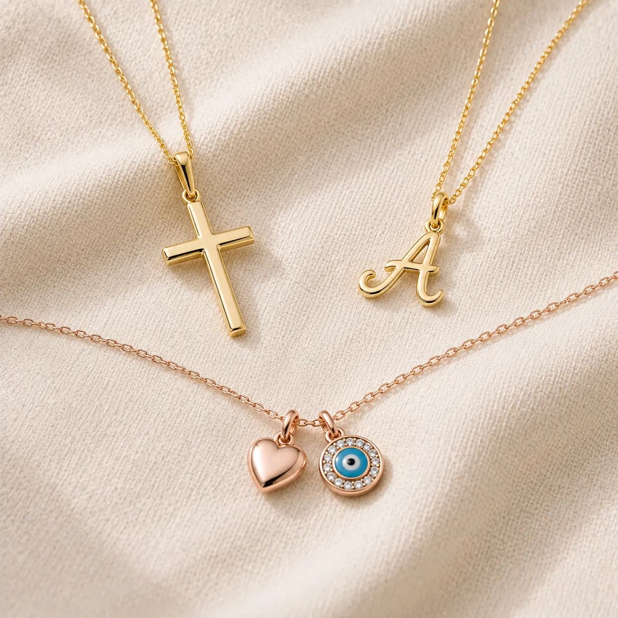 Gold cross necklace, diamond initial pendant, and charm necklace at ATL Luxury Jewelry Atlanta