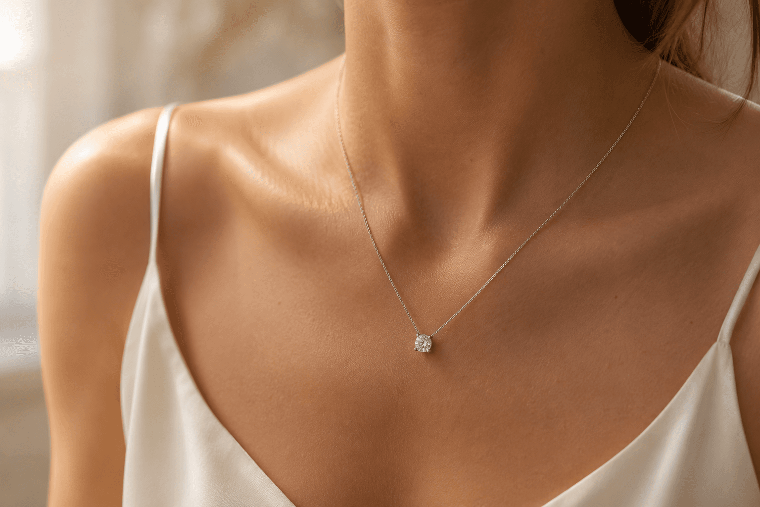 Diamond pendant necklace worn on cream silk at ATL Luxury Jewelers showroom