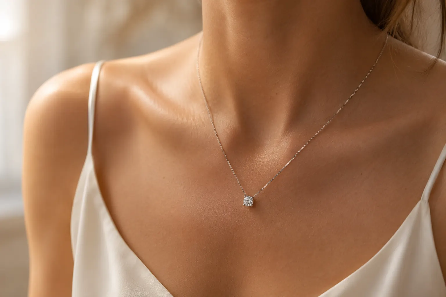 Diamond pendant necklace worn on cream silk at ATL Luxury Jewelry showroom