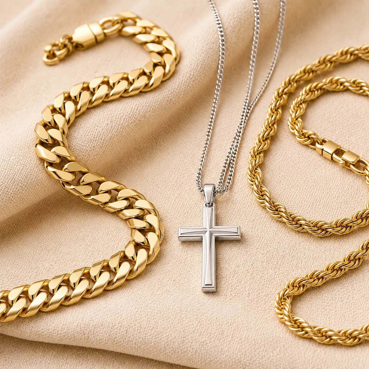 Men's gold Cuban link chain, rope chain, and men's cross necklace at ATL Luxury Jewelry Atlanta