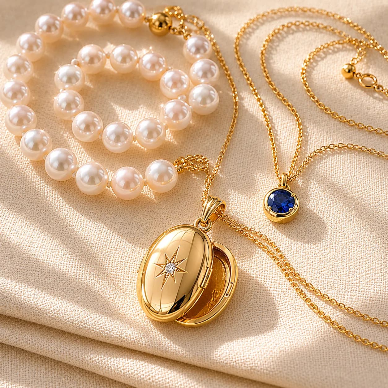 Pearl necklace, birthstone pendant, and gold locket at ATL Luxury Jewelry Atlanta
