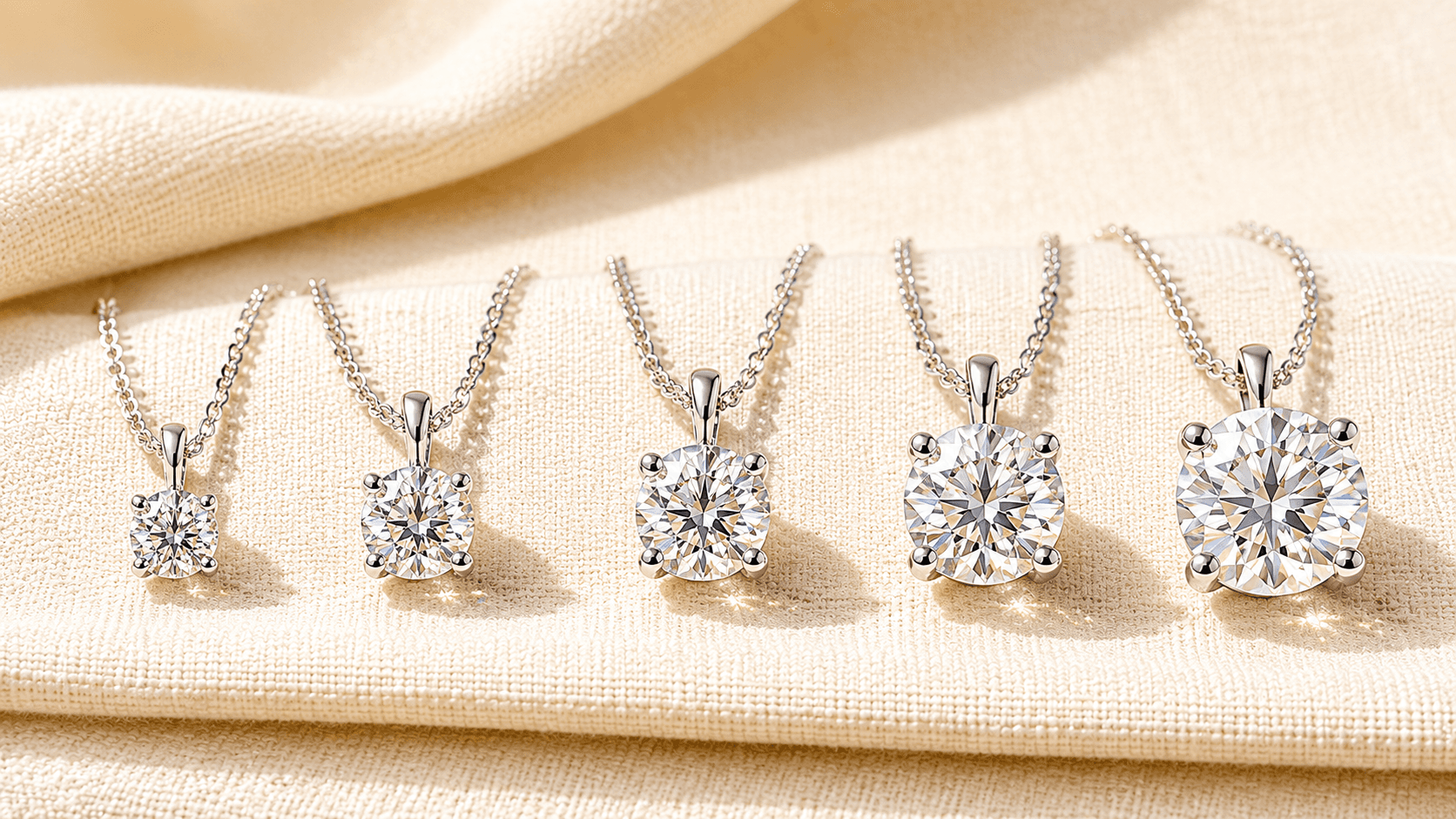 Diamond pendants in 0.25, 0.5, 1, 2, and 3 carat sizes shown side-by-side at ATL Luxury Jewelers Atlanta