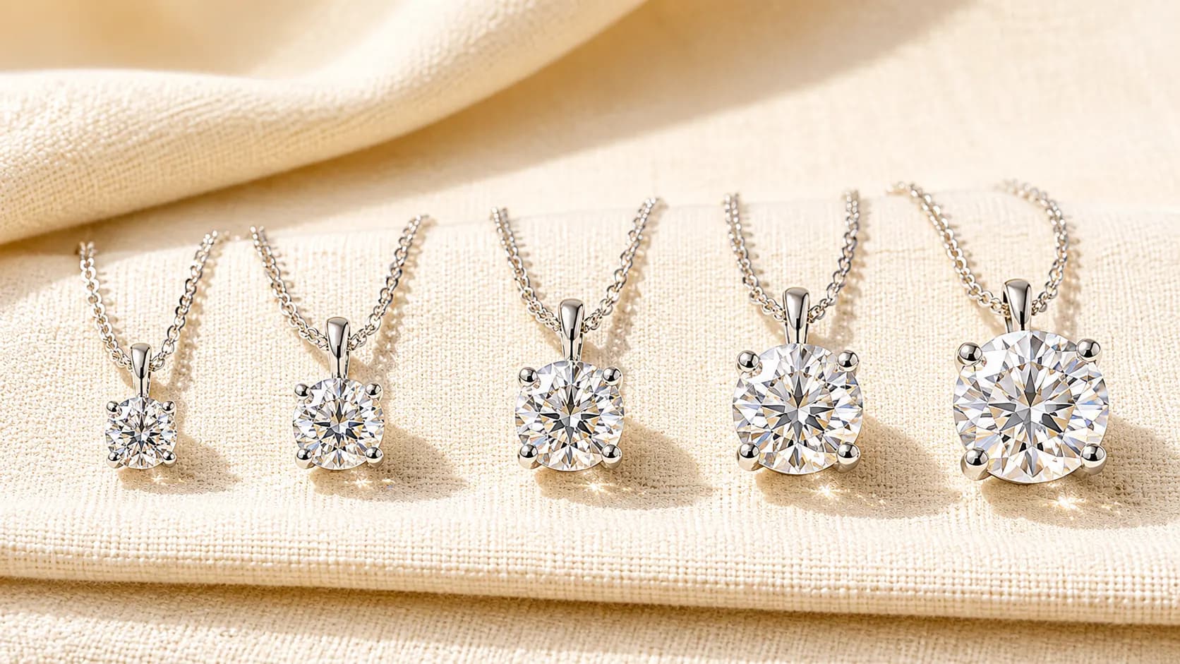Diamond pendants in 0.25, 0.5, 1, 2, and 3 carat sizes shown side-by-side at ATL Luxury Jewelry Atlanta