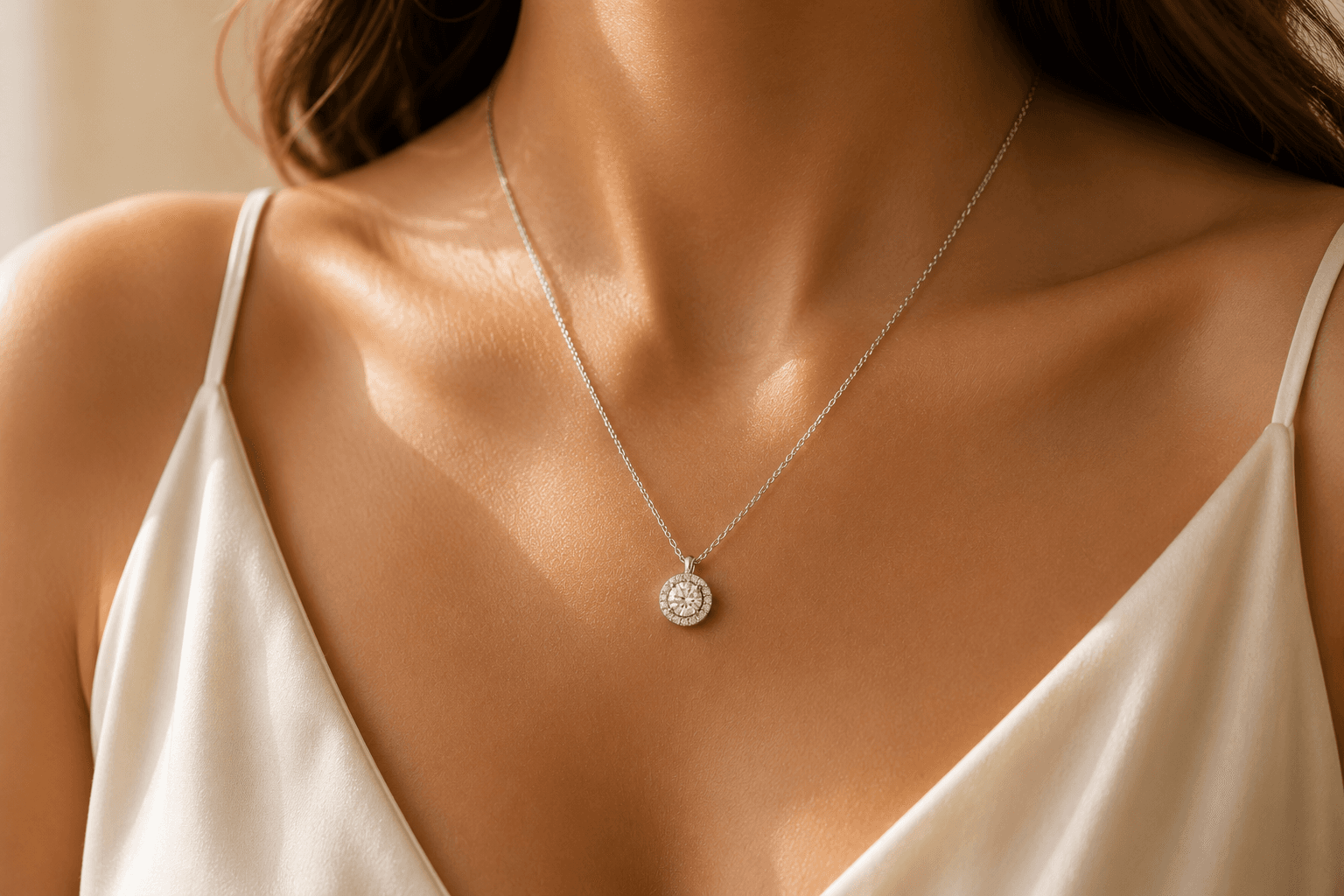 Diamond solitaire pendant worn on cream silk at ATL Luxury Jewelers showroom