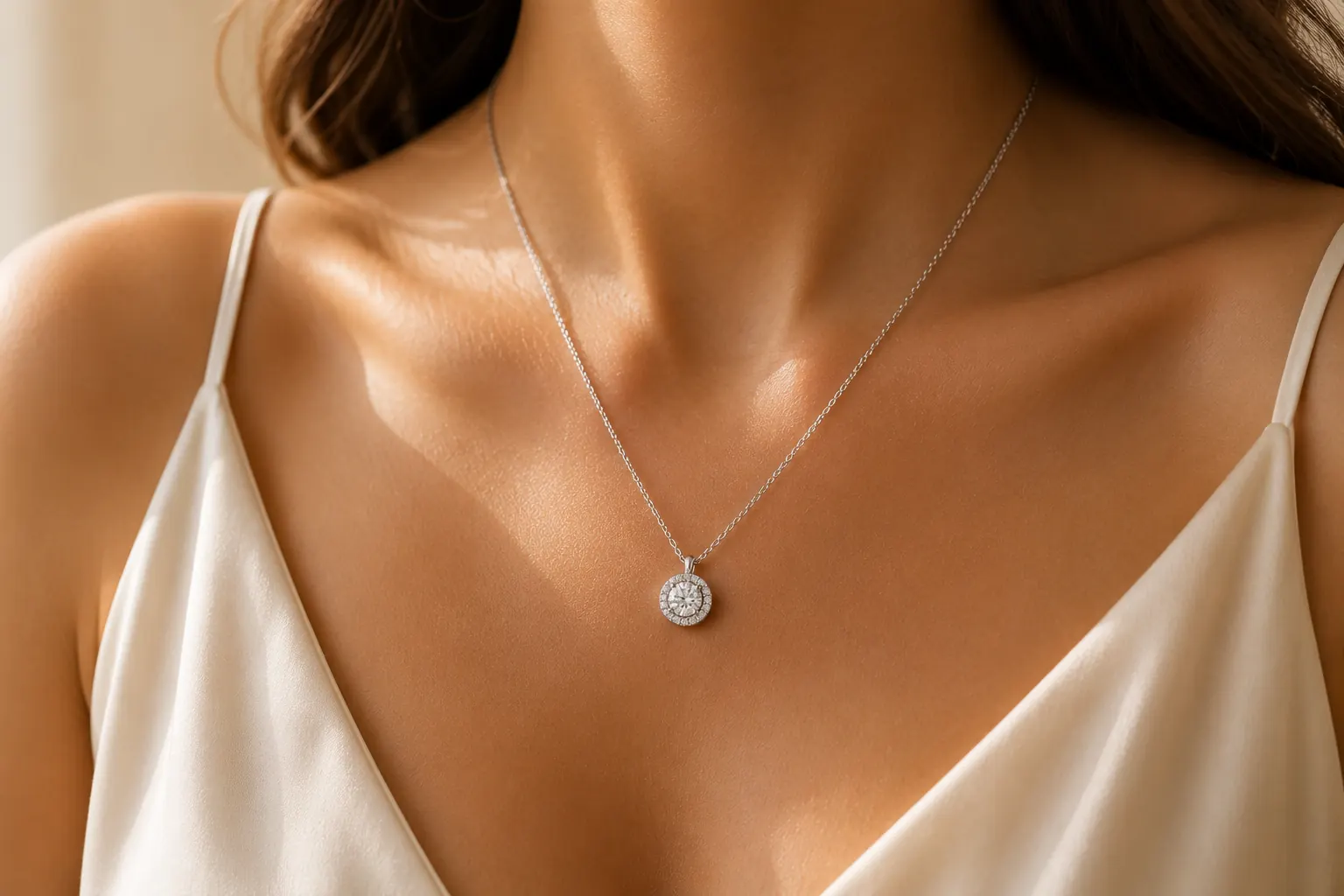 Diamond solitaire pendant worn on cream silk at ATL Luxury Jewelry showroom