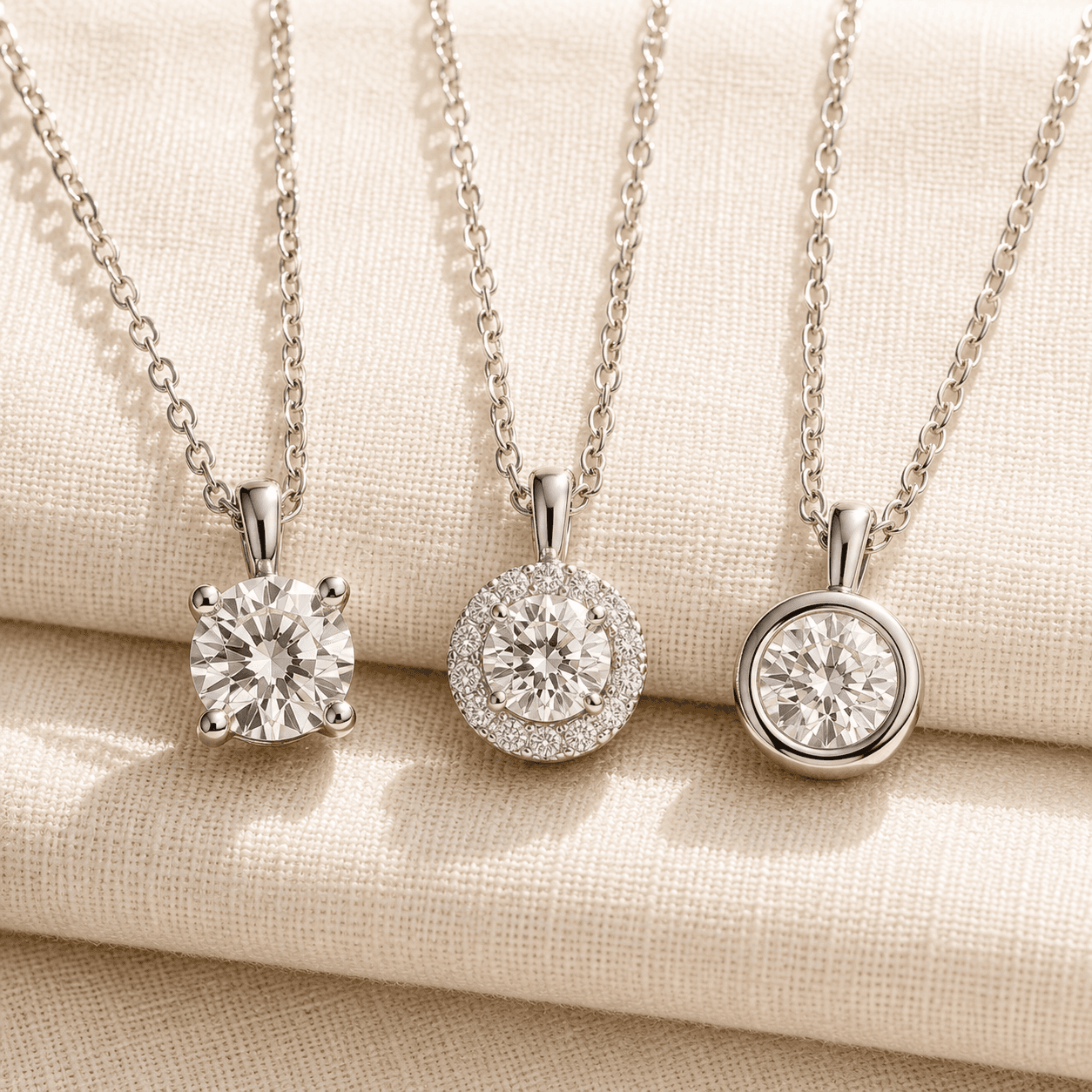 Solitaire diamond pendant, halo diamond pendant, and bezel-set diamond pendant comparison at ATL Luxury Jewelers Atlanta