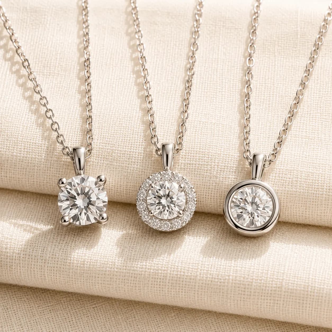 Solitaire diamond pendant, halo diamond pendant, and bezel-set diamond pendant comparison at ATL Luxury Jewelry Atlanta