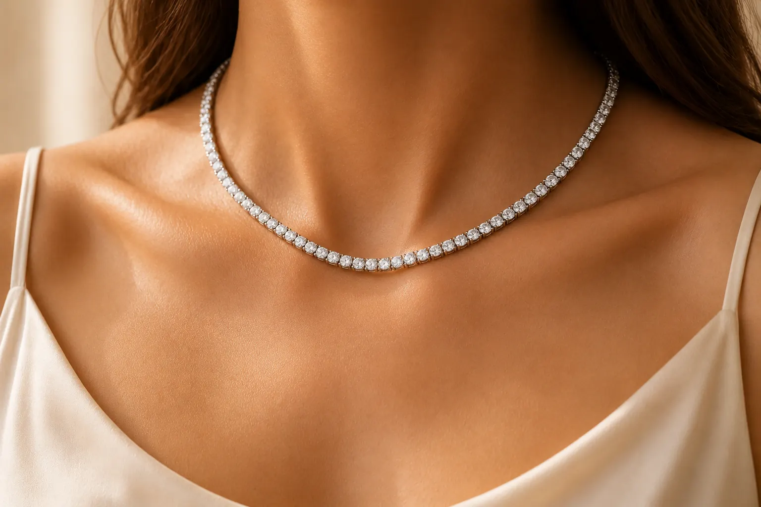 Diamond tennis necklace worn at ATL Luxury Jewelry showroom