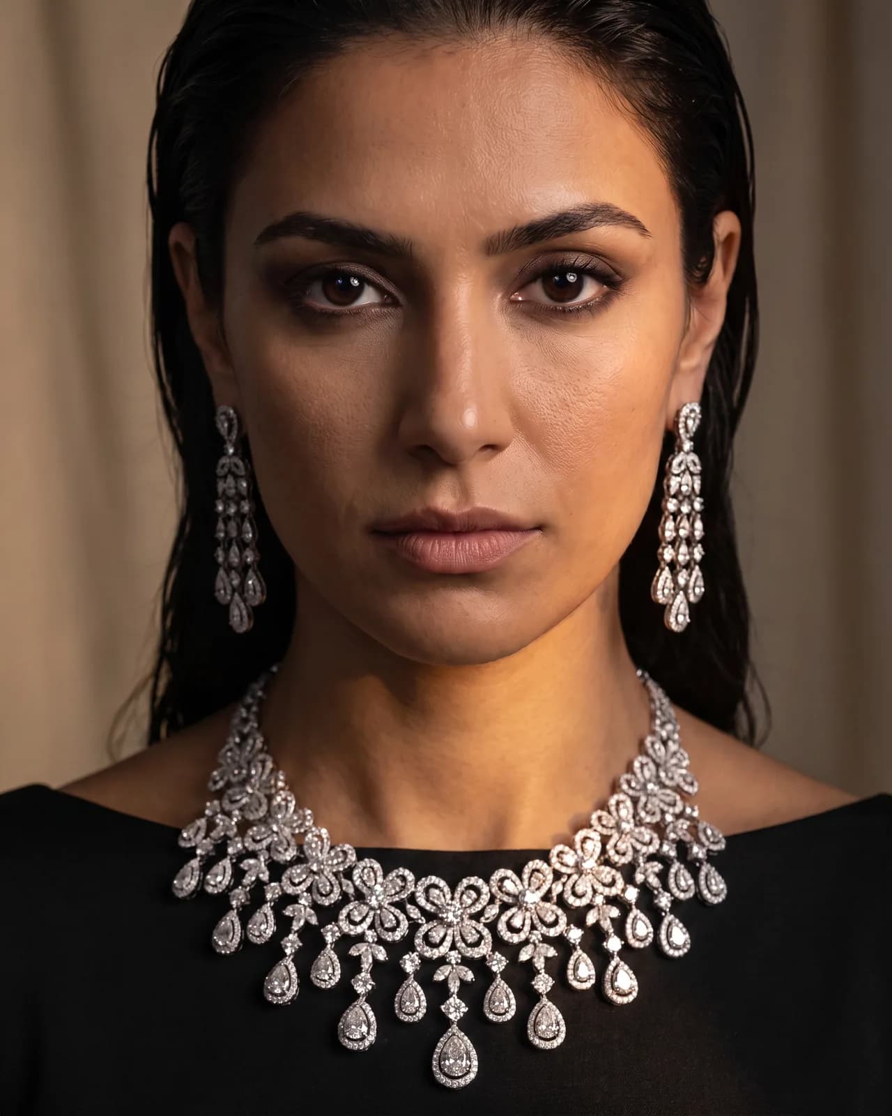 Woman wearing a white gold diamond bib necklace and matching chandelier drop earrings from ATL Luxury Jewelers in Atlanta