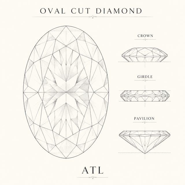Oval cut diamond facet diagram showing 56–58 brilliant facets and elongated outline