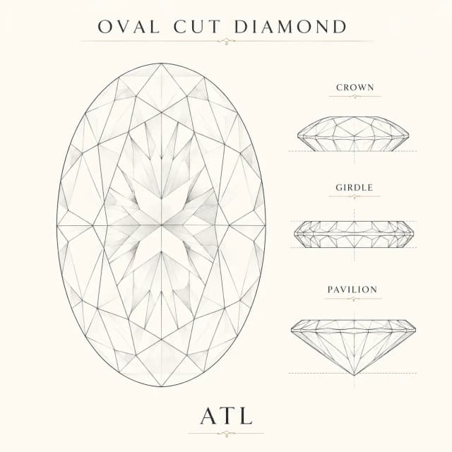 Oval cut diamond facet diagram showing 56–58 brilliant facets and elongated outline