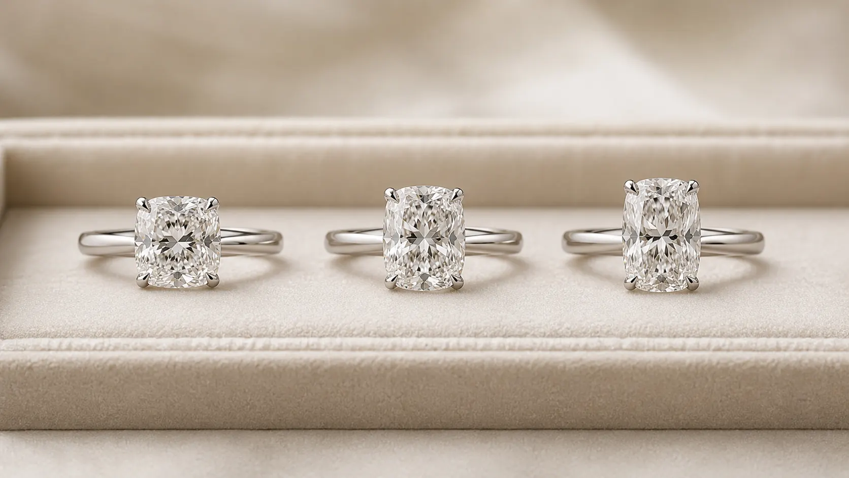 Three oval cut diamond rings shown side-by-side with varying length-to-width ratios — 1.30, 1.40, and 1.50