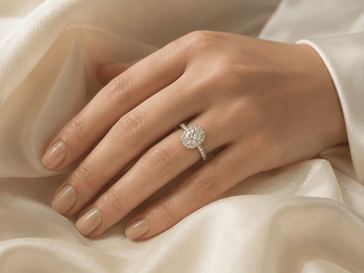 Oval cut diamond engagement ring on a woman's hand resting on cream silk
