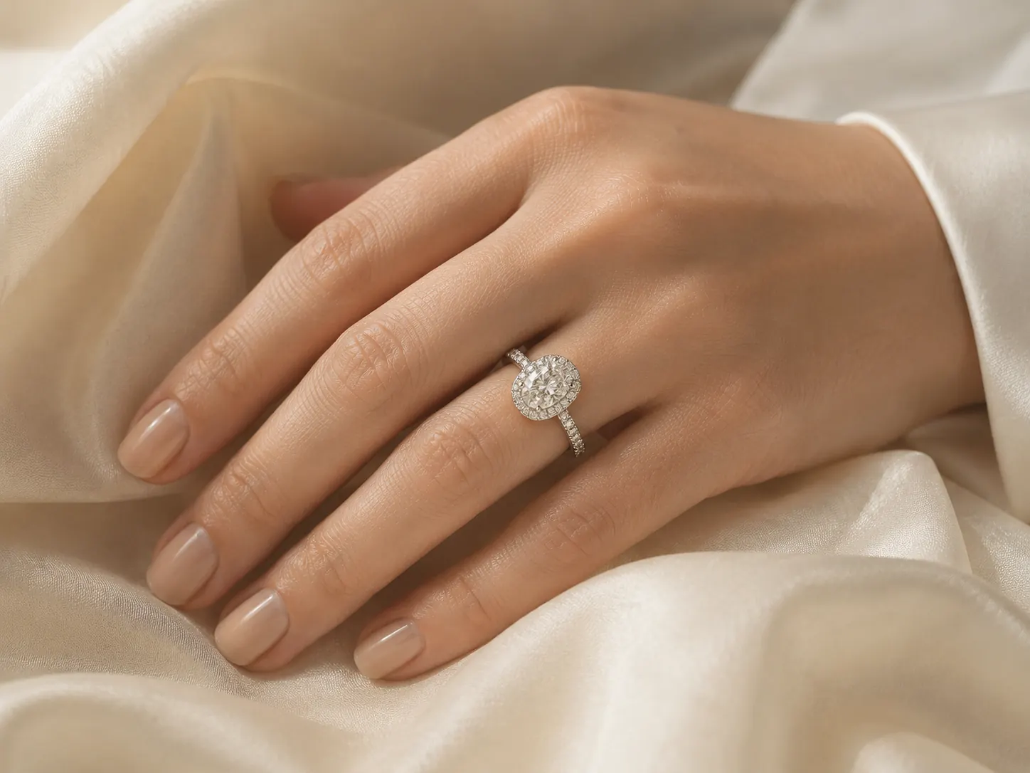 Oval cut diamond engagement ring on a woman's hand resting on cream silk