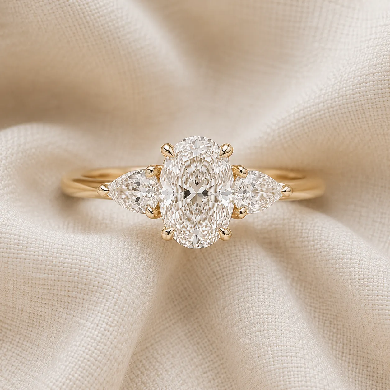 Oval cut three-stone engagement ring with pear or trillion side stones in platinum