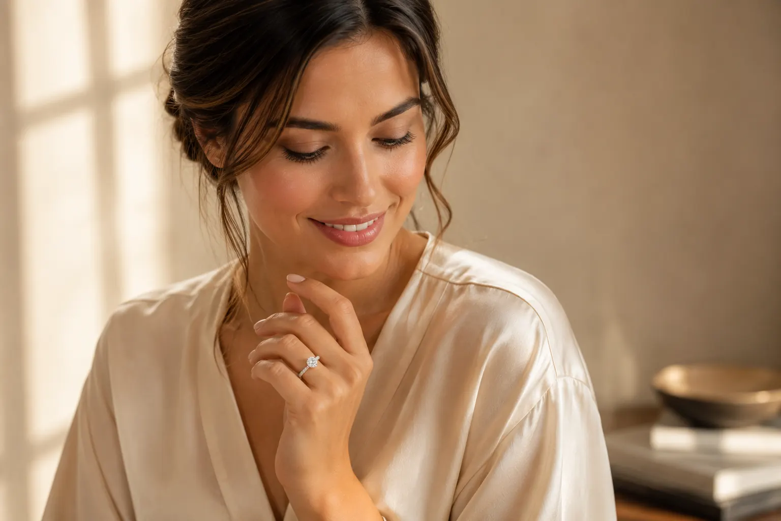 Woman glancing down with a soft smile, wearing a pavé-band engagement ring with hidden halo